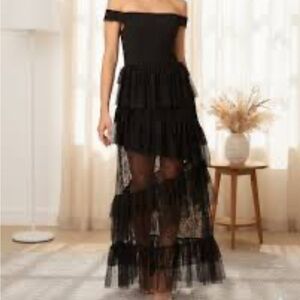 Adrianna Papell Off the Shoulder Tiered Lace Gown